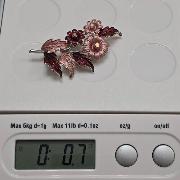 Vintage Floral Brooch Pink Burgundy Enamel AB Rhinestones Silver Tone Pin - Picture 10 of 10